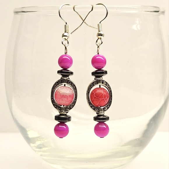 Hand Crafted Jewelry - Pink and Silver Beaded Earrings